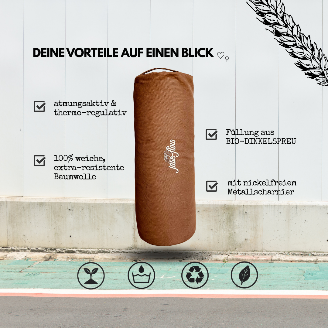 Yogabolster von jase-flow atmungsaktiv & thermoregulativ mit 100% Baumwolle und Bio-Dinkelspreu